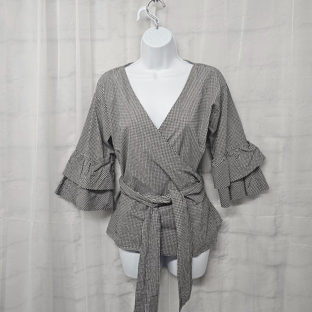 LOFT Black and White Gingham Wrap Blouse with Ruffle Sleeves